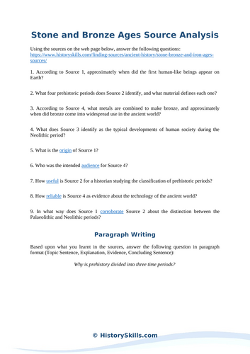 Stone, Bronze and Iron Ages Source Analysis Worksheet
