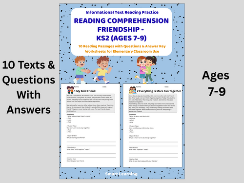 Reading Comprehension Friendship Worksheets (Ages 7–9) | 10 Texts & Questions