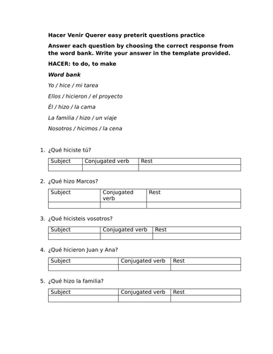 Hacer Venir Querer easy preterit questions practice