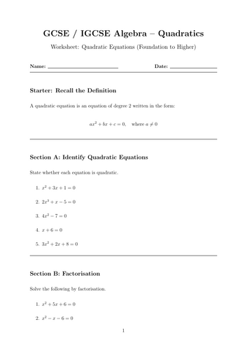 GCSE – Quadratics Worksheet: Quadratic Equations