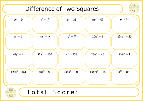 Difference of Two Squares - 20 Questions