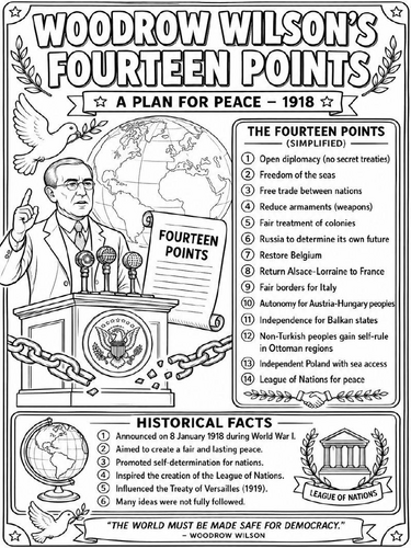 Woodrow Wilson's Fourteen Points coloring poster