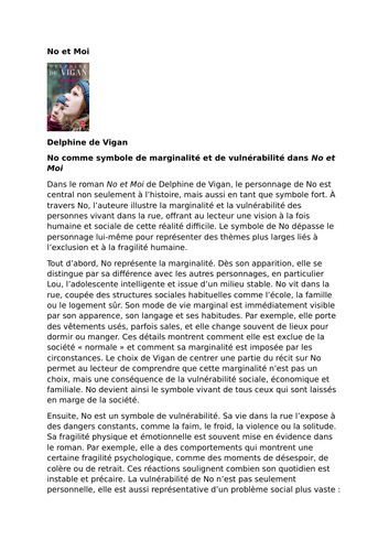 No et Moi – Delphine de Vigan – No as a Symbol of Marginality and Vulnerability