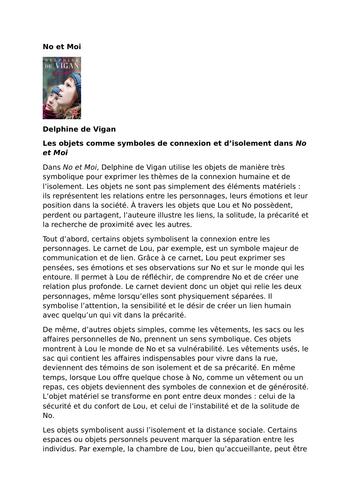 No et Moi – Delphine de Vigan – Objects as Symbols of Connection and Isolation