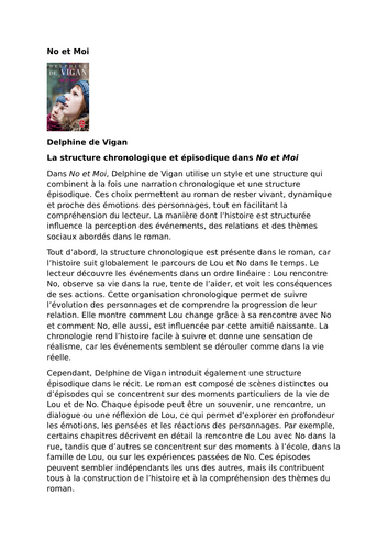 No et Moi – Delphine de Vigan – Chronological and Episodic Structure