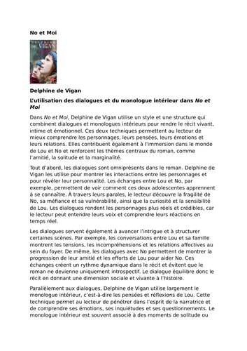 No et Moi – Delphine de Vigan – Dialogue and Interior Monologue