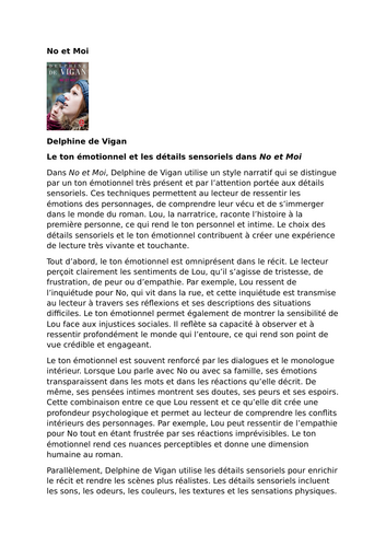 No et Moi – Delphine de Vigan – Emotional Tone and Sensory Detail