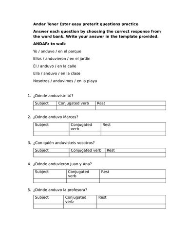 Andar Tener Estar easy preterit questions practice