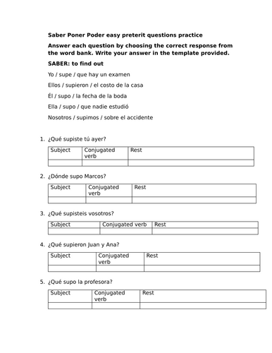 Saber Poner Poder easy preterit questions practice