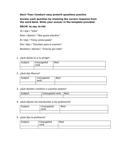 Decir Traer Conducir easy preterit questions practice
