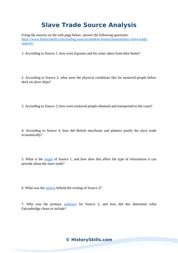 Transatlantic Slave Trade Source Analysis Worksheet | Teaching Resources