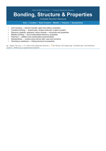 AQA GCSE Chemistry: Bonding, Structure and Properties- Complete Exam Revision Pack