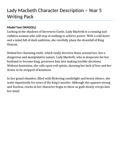 Lady Macbeth Character Description- Model Text, Sentence Starters & Success Criteria
