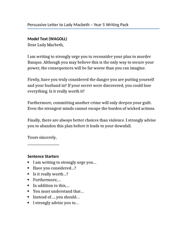Macbeth- Persuasive letter