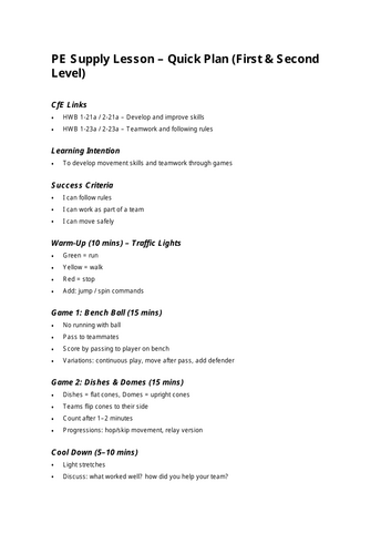 P.E Supply Cover Lesson Plan