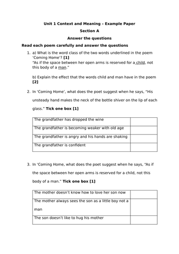 Coming Home Unit 1 Mock WJEC Lit & Lang