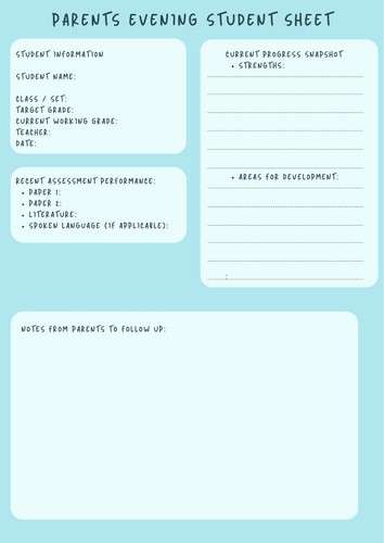 Parents’ Evening Student Sheet – GCSE English