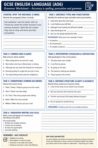 GCSE English Language AO6 Grammar Worksheet (Spelling, Punctuation & Grammar)