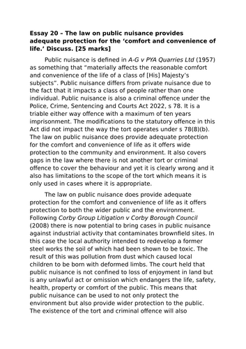 A-Level Law: 2020 Public Nuisance Evaluation Plan + Model - Eduqas Tort Law