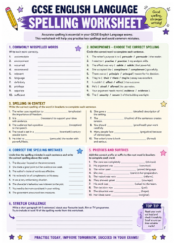 GCSE English Language Spelling Worksheet