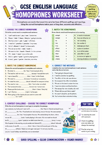 GCSE English Language Homophones Worksheet + Answers