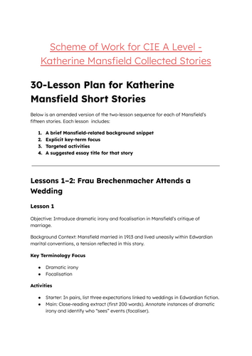 Katherine Mansfield's Collected Stories  A Level Scheme of Learning and support for teachers.