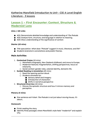 Katherine Mansfield Introduction to Unit - CIE A Level English Literature - 3 lessons