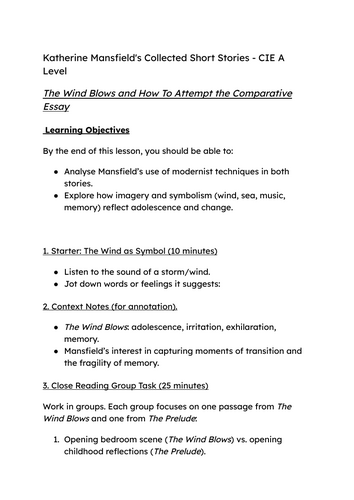 Katherine Mansfield's Collected Short Stories - CIE A Level The Wind Blows and How To Attempt the Co
