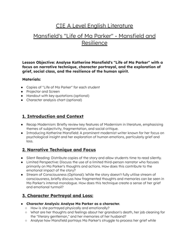 Extended lesson on 'The Life of Ma Parker' by Katherine Mansfield - A level English Literature