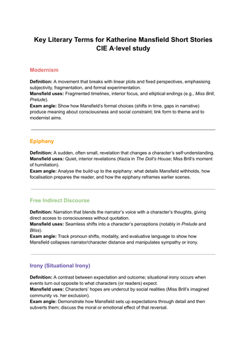 Key Literary Terms for Katherine Mansfield Short Stories CIE A‑level study