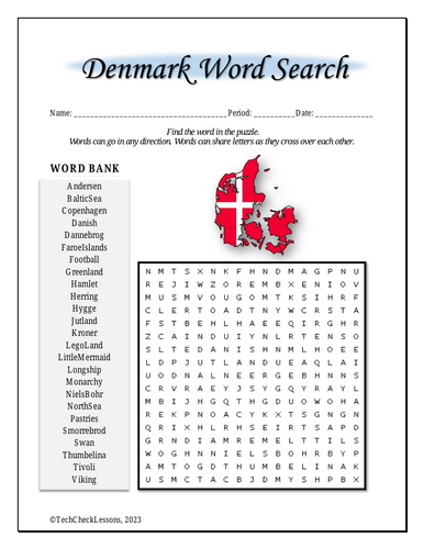 All About Denmark Word Search Puzzle