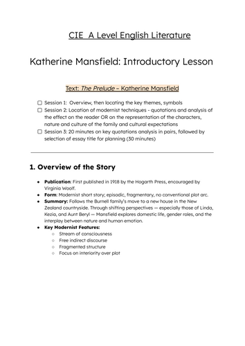 3 - lesson Introduction to Katherine Mansfield's Short Stories, taught through 'The Prelude'.