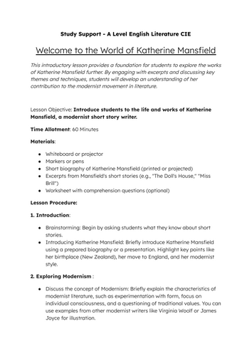 Guided introduction to the world of Katherine Mansfield - teacher prep needed!