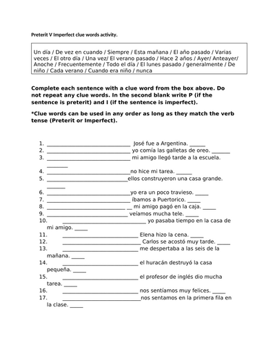 Preterit imperfect clue words activity