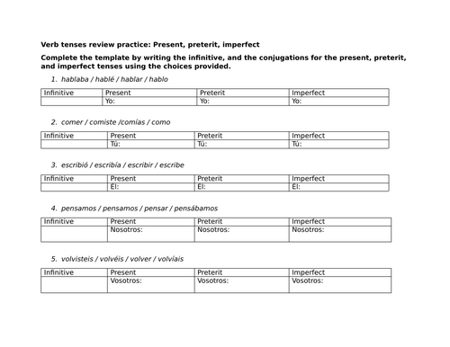 Verb tenses review practice: Present, preterit, imperfect tenses