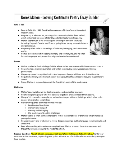 Derek Mahon Poetry Essay Builder - Leaving Certificate English