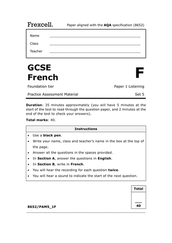 AQA GCSE French (2026) – Foundation Listening Practice Paper (Set 5)