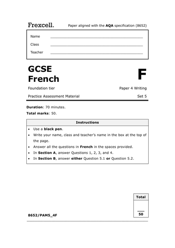 AQA GCSE French (2026) – Foundation Writing Practice Paper (Set 5)
