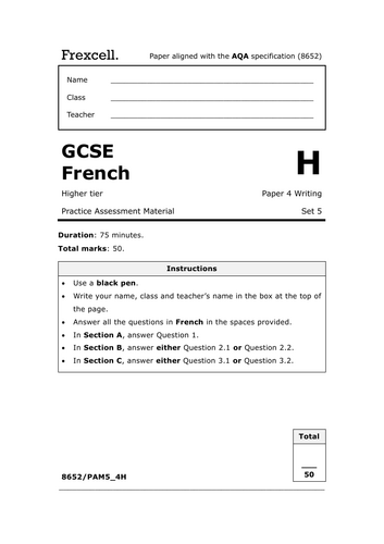 AQA GCSE French (2026) – Higher Writing Practice Paper (Set 5)