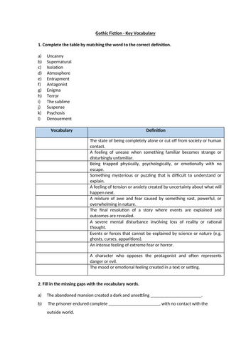 Gothic Vocabulary Worksheet