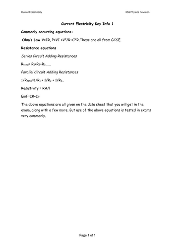 KS5 Physics Last Minute Revision Current Electricity
