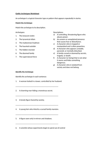 Gothic Archetypes Worksheet