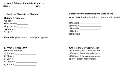 Year 1 Science: Materials Around Us Lesson 1 Worksheets