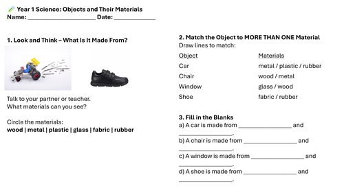 Year 1 Science: Objects and Their Materials Lesson 2 Worksheets