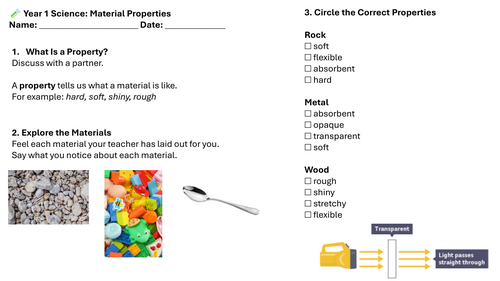 Year 1 Science: Material Properties Lesson 3 Worksheets