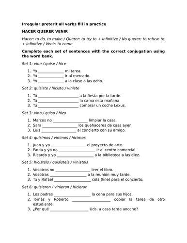 Irregular preterit all verbs fill in practice