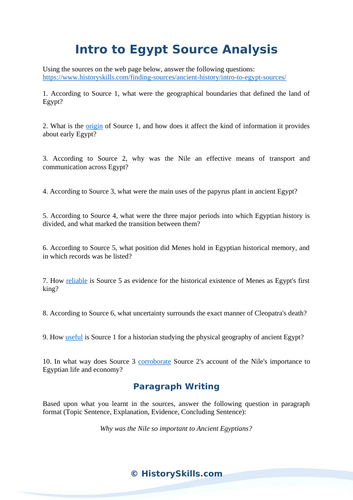 Introduction to Ancient Egypt Source Analysis Worksheet