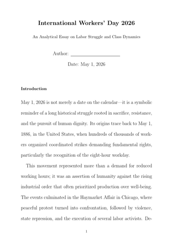 International Workers’ Day 2026 An Analytical Essay on Labor Struggle and Class Dynamics
