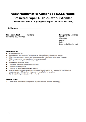 Maths iGCSE Cambridge 0580 Paper 4 2026 Predicted paper