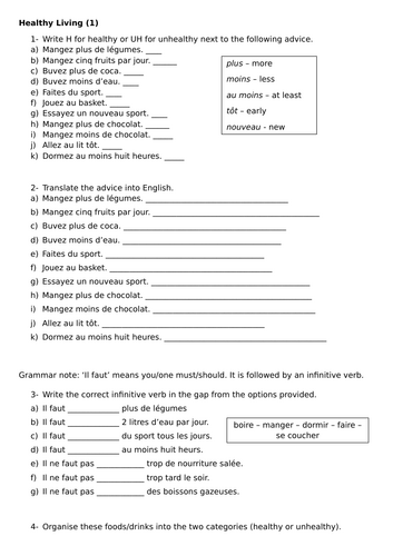 Healthy Living - French worksheet
